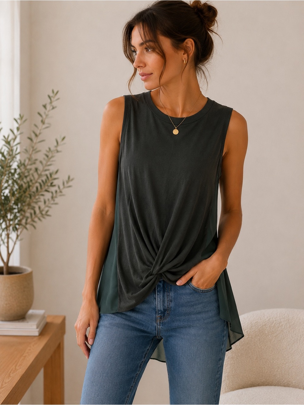 Twist-Front Mixed Media Tank Top - Dark Green S